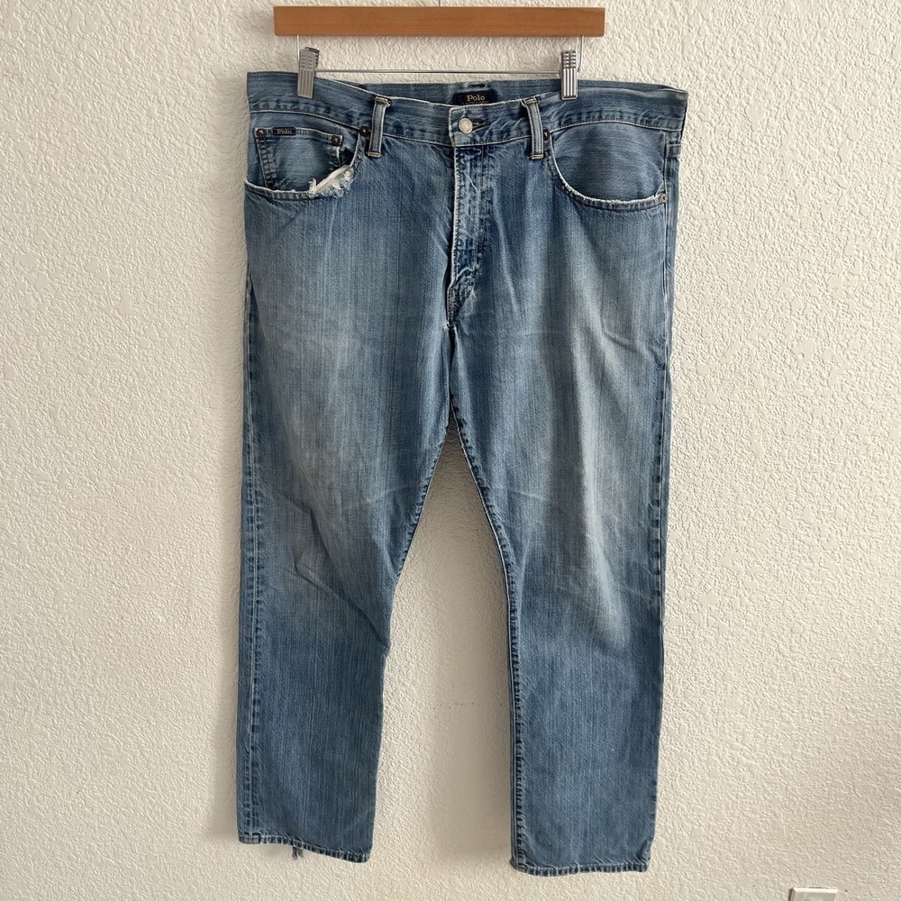 Polo Ralph Lauren Hampton Relaxed Straight Jeans Mens 36x32 Blue Distressed Read